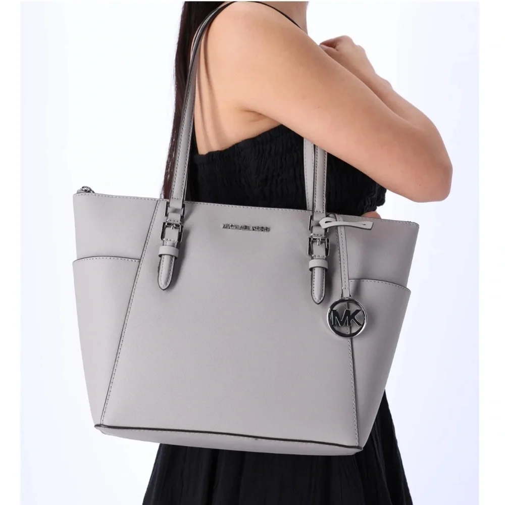 Michael Kors Charlotte Large Top Zip Leather Tote Pearl Grey Saffiano Leather